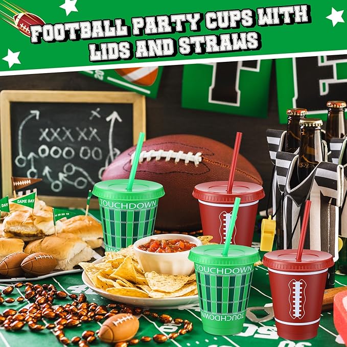 Sieral 30 Pcs Football Cups with Straws and Lids 16 oz Football Cups Brown Green Plastic Tumblers Reusable Iced Coffee Travel Mug for Sport Theme Party Supplies Decorations