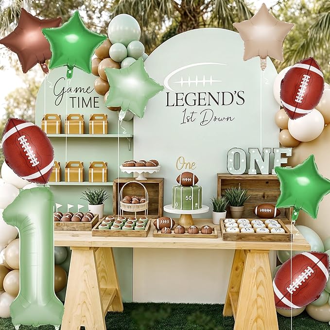 First Year Down Birthday Party Decorations, 8 Pcs 1st Birthday Decorations for Boy with 40" Green One Balloon for First B-day Football Foil Helium Balloons 1st Boy Party Supplies