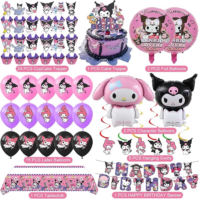 AVONO Kuromi Birthday Party Supplies, Party Decorations Set Include Banner, Balloons, Hanging Swirls, Cake Cupcake Toppers, Tablecloth for Girls Kuromi Theme Party