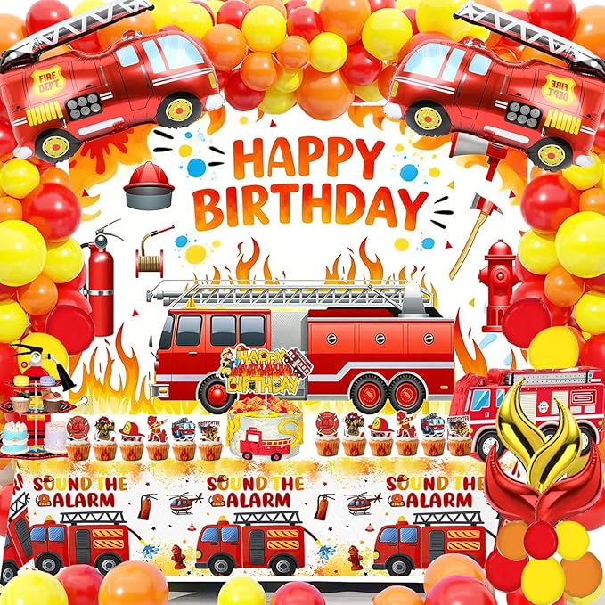 Fire Truck Birthday Party Decorations Kit – Firefighter Party Supplies with Happy Birthday Backdrop, Table Cover, Cake Toppers and Foil & Colorful Balloons for Kids Rescue Theme Party