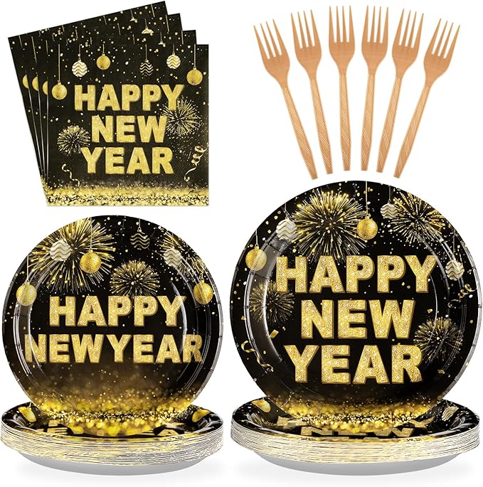 Grencian 96 PCS New Years Eve Party Supplies 350 GSM Black and Gold Happy New Year Tableware Set 2025 Disposable New Years Eve Paper Plates and Napkins for 2025 New Year Party Decorations Serves 24
