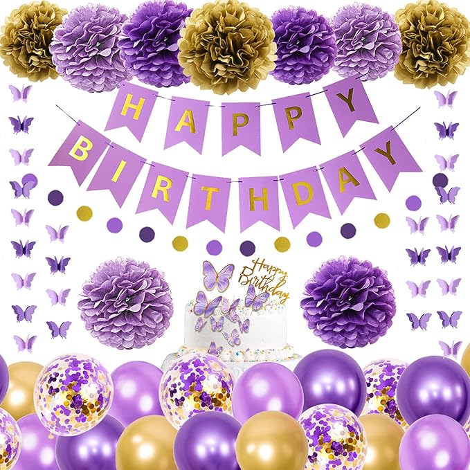 Ouddy Party Purple Birthday Decorations for Women Girls Butterfly Hanging Garland Happy Birthday and Circle Dots Banner Purple Gold Balloons Paper Flowers Cake Toppers for Party Decor Supplies