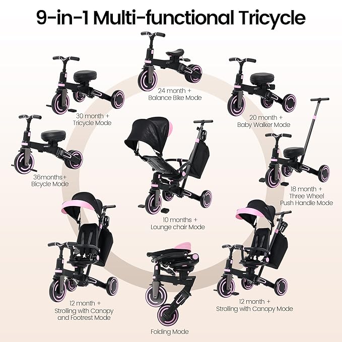 Aneco 9-in-1 Multi-functional Baby Tricycle for Toddlers 10 Months-3 Years with Removable Canopy Rotatable Seat Safety Harness Wheel Brake Adjustable Push Handle Storage Bag Cup Holder, Black and Pink