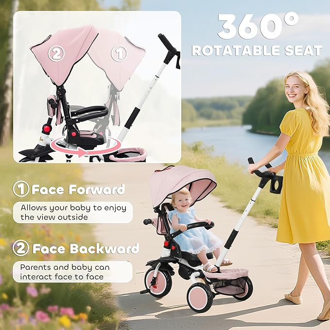 Qaba Kids Tricycle, 6 in 1 Foldable Baby Trike with Adjustable Push Handle, Tricycle Stroller with Removable Canopy, Reversible Seat, Safety Harness, Detachable Guardrail, Storage for 1-5 Years, Pink