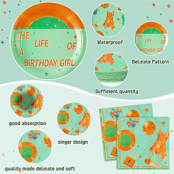 Singer Birthday Party Supplies - 96pcs Paper Plates Napkins Plastic Forks Girl Little Birthday Party Table Decoration The Life of A Birthday Girl Disposable Cake Tableware Set for 24 Guests