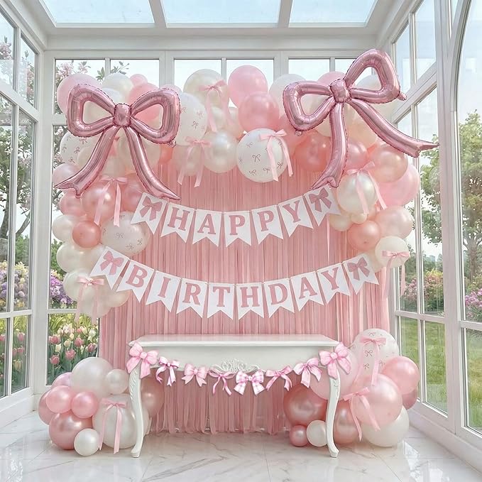 Pink Bow Party Decorations - Coquette Birthday Decorations Include Banner Pearl Pink White Printed Balloons Metallic Tinsel Foil Fringe Curtains Ribbon Bow Theme Supplies for Girls Bachelorette Decor
