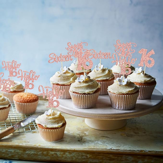 30Pcs 16th Birthday Cupcake Toppers Sixteen Happy 16th Cupcake Picks Cheers to 16 Sweet 16 Cake Decorations for Anniversary Party Supplies Rose Gold Glitter
