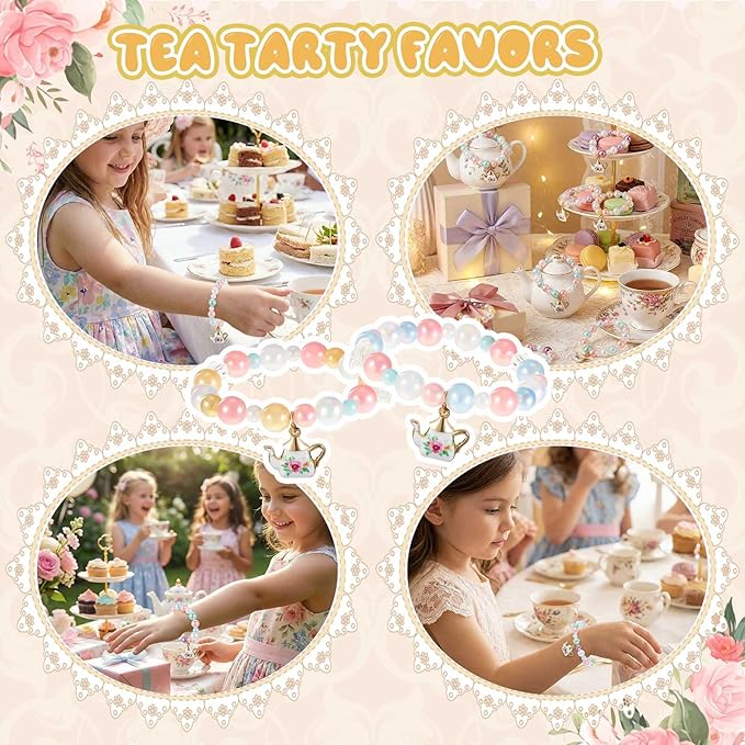 Ecally 12 Pcs Tea Party Favors Bracelet Gift Tea Pot Beaded Bracelet Bulk Party Supplies Pot Pendant Accessories Decorations for Kids Girl