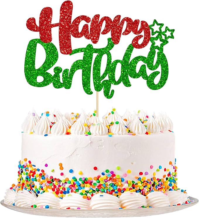 Ephlyn 1Pcs Happy Birthday Cake Topper Glitter Happy Birthday Cake Pick for Christmas Theme Baby Shower Anniversary Party Decorations Supplies Red Green