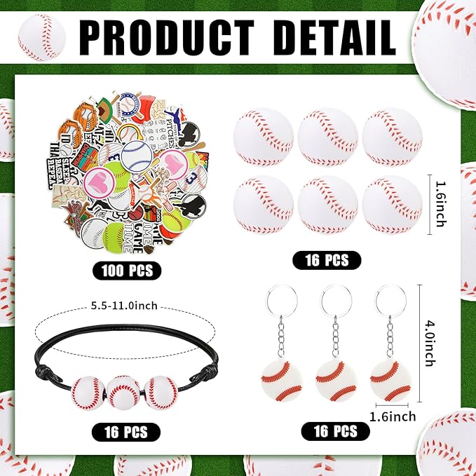 LemonRoad 164 Pcs Sports Party Favors Set 16 Plastic Cups 16 Charm Bracelets 16 Keychains 16 Mini Foam Stress Balls 100 Stickers for Sports Party Supplies (Baseball)