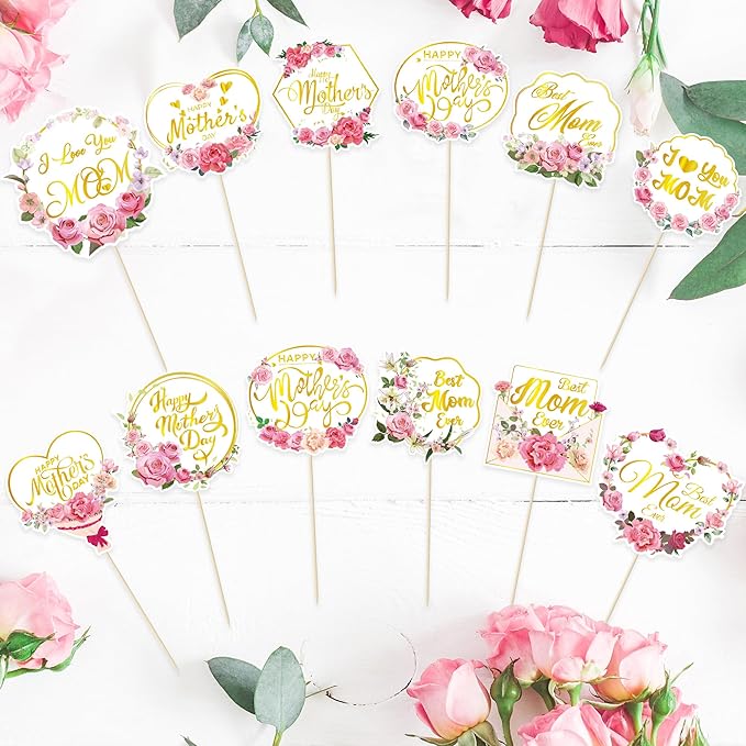 24 Pcs Gold Foil Mothers Day Cake Toppers Set, Happy Mothers Day Topper for Flowers and Cakes, Mothers Day Cake Decor with Glittering Greetings, Mother's Day Cake Picks from Recyclable Paper