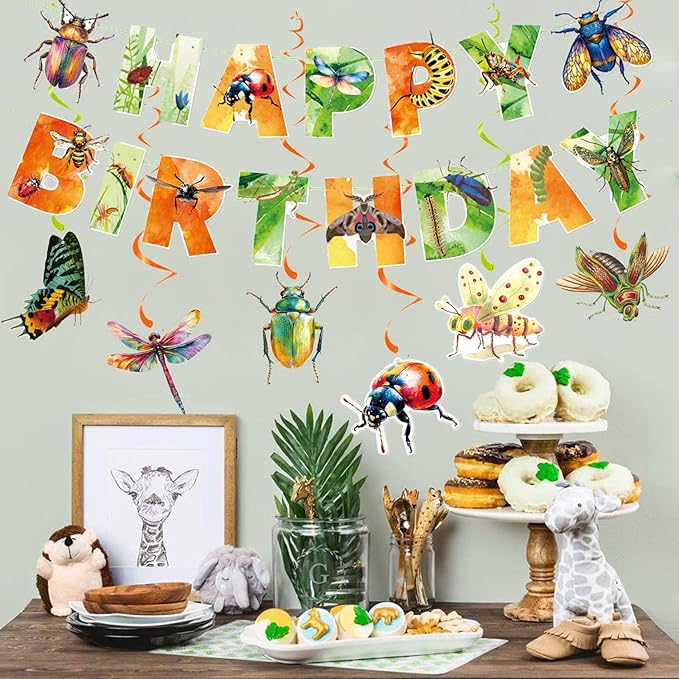 Zwiebeco Multicolored Insect Happy Birthday Banner Bunting Hanging Paper Swirls Garland Party Decorations for Boys Girls Kids Baby Shower Spring Summer Themed Bday Decor Accessories Supplies