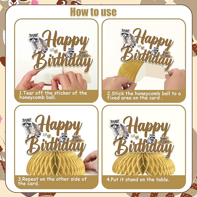 Sursurprise 8pcs Raccoon Themed Honeycomb Centerpieces, Raccoon Happy Birthday Table Topper Decorations, Raccoon Baby Shower Birthday Party Supplies