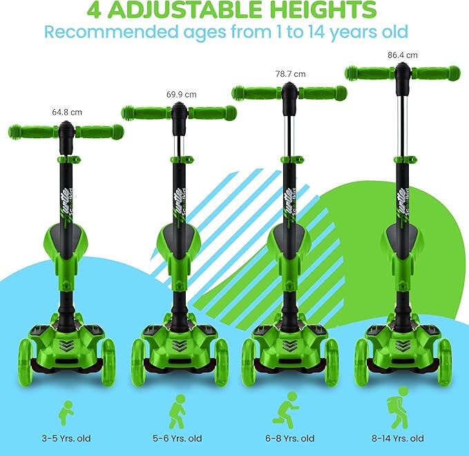 Hurtle 3-Wheeled Scooter for Kids - Wheel LED Lights, Adjustable Lean-to-Steer Handlebar, and Foldable Seat - Sit or Stand Ride with Brake for Boys and Girls Ages 1-14 Years Old
