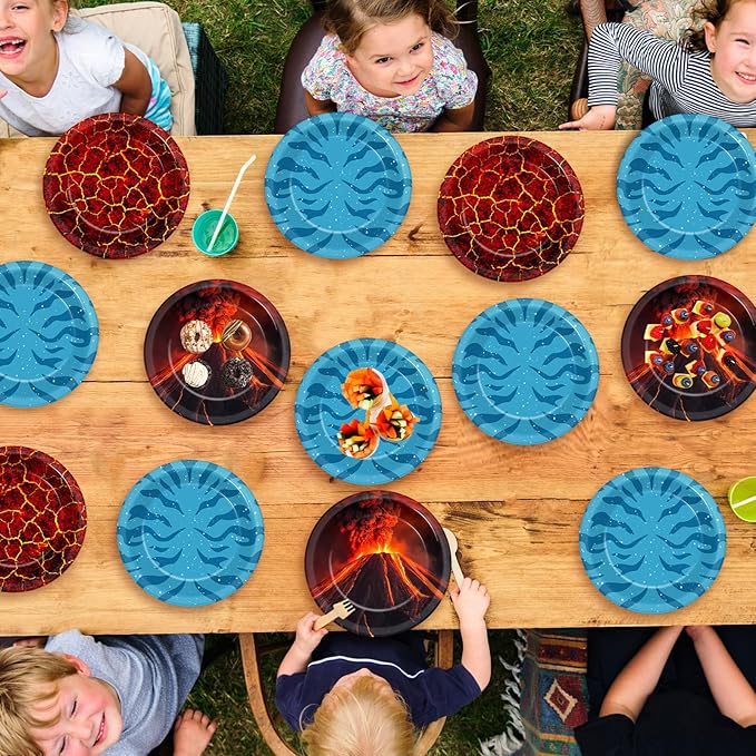 48PCS Fire Party Decorations 7" Volcano Paper Plates Volcano Hot Lava Birthday Supplies Cartoon Dessert Tableware Set Ocean Patterns Printed Disposable Plates for Kids Baby Shower Birthday Party Favor