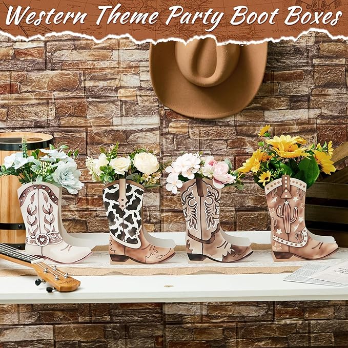 12 Set Western Boots Flower Boxes Centerpiece Boot Shape Gift Boxes Party Decoration Vase Centerpieces for Tables Boots Rodeo Birthday Baby Shower Supplies (Western,Cowboy Cow)