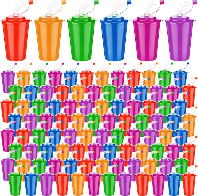 Zubebe 96 Pcs Neon Straws Cups 12 oz Colorful Neon Cups with Sipper and Lids Plastic Favor Reusable Straw for Birthday Party Events Supplies, 6 Colors