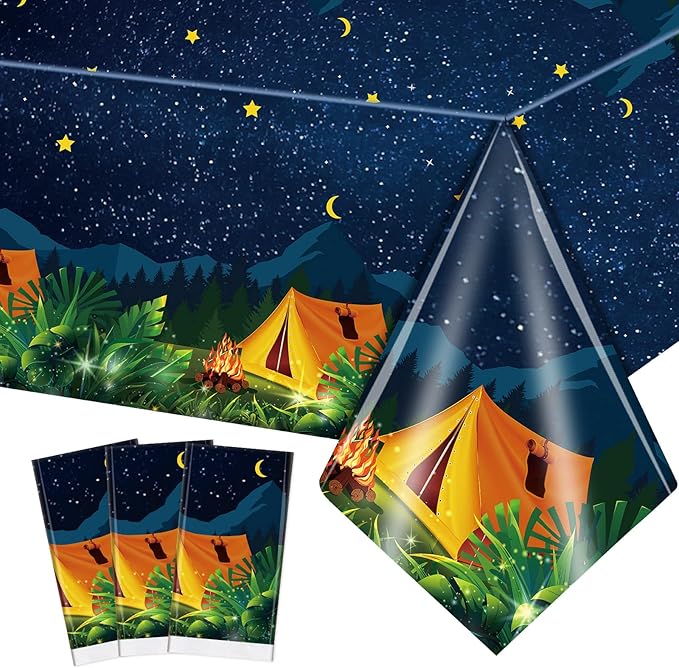 Chinco 3 Pieces Camping Tablecloth Party Decorations Campfire Plastic Rectangular Table Cover Camp Birthday Party Supplies Picnic Hiking Adventure Supplies