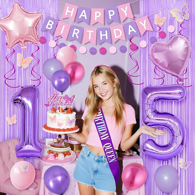 15th Purple Birthday Decorations for Girls, Pink and Purple Happy 15 Birthday Party Decorations with Happy Birthday Banner, Number Foil Balloons, Butterfly Cake Topper for 15th Party Supplies