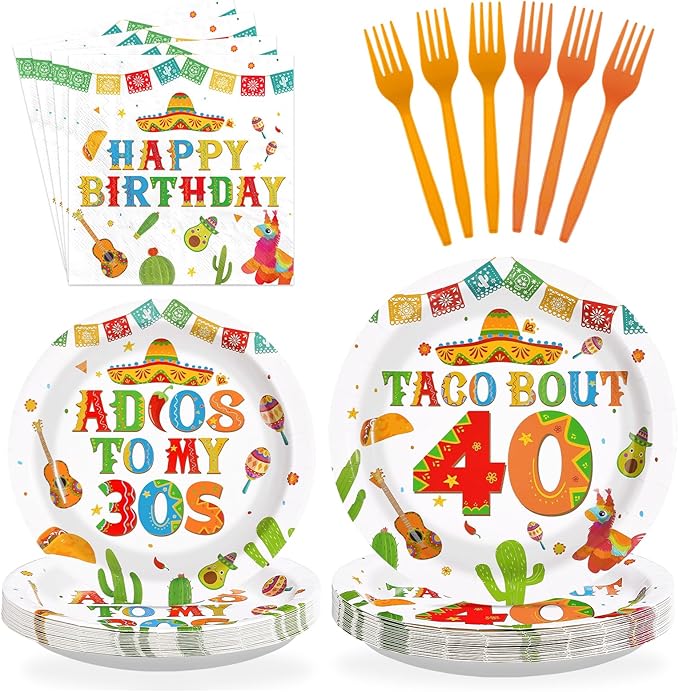 96Pcs Taco 40th Birthday Party Supplies Mexican Fiesta Adios To My 30s Plates and Napkins Disposable Mexican Tableware Sets for Adults Cinco De Mayo 40 Years Old Birthday Decorations,Serves 24﻿