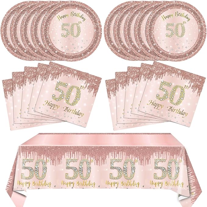 50th Birthday Decorations for Women Rose Gold 50 Years Old Party Tableware Set Include 50th Birthday Plates and Napkins Tablecloth Fifty Birthday Party Decorations Favors for Women 1976 Party Supplies