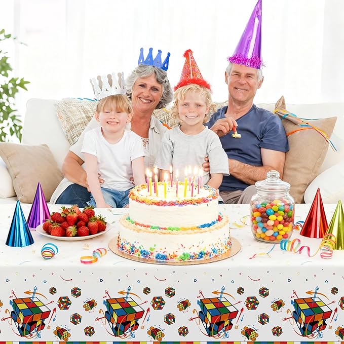 3 Pcs Magic Cube Pattern Disposable Tablecloth, Colorful Geometric Design Birthday Tablecloth Party Supplies for Smart Fun Kids Adult Celebrations,54 * 108 Inch.