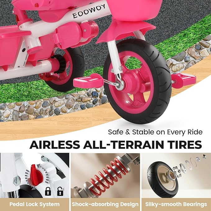 Toddler Tricycle with Push Handle, 7 in 1 Stroller Trike with 360° Swivel Seat, Reclining Backrest, All-Terrain Wheels, Dual Brakes, Canopy & Storage, Gift for Kids 18 Months to 5 Years, Pink