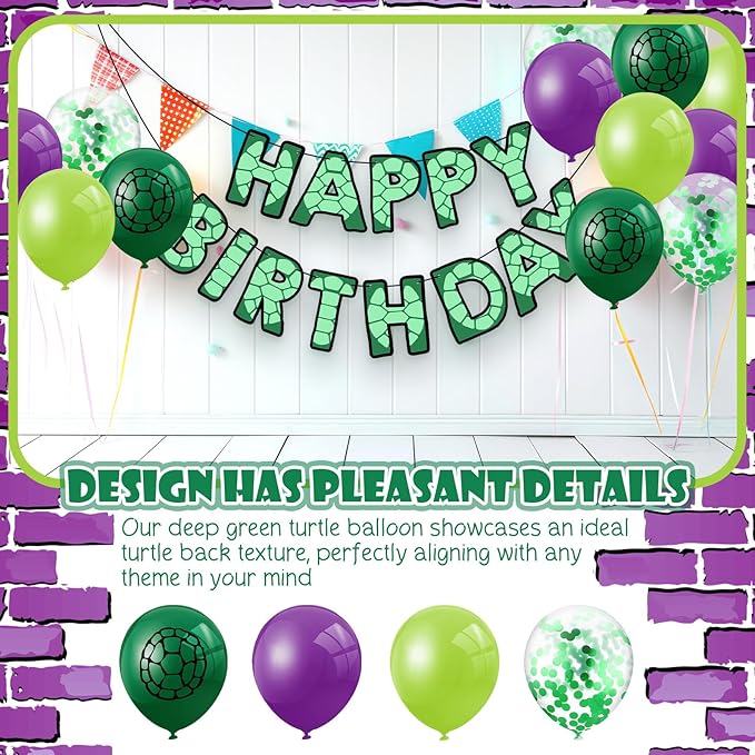 Skylety 45 Pcs Cartoon Turtles Birthday Balloon Decorations Purple Dark Green Turtle Print Balloon Decor for Birthday Party Supplies