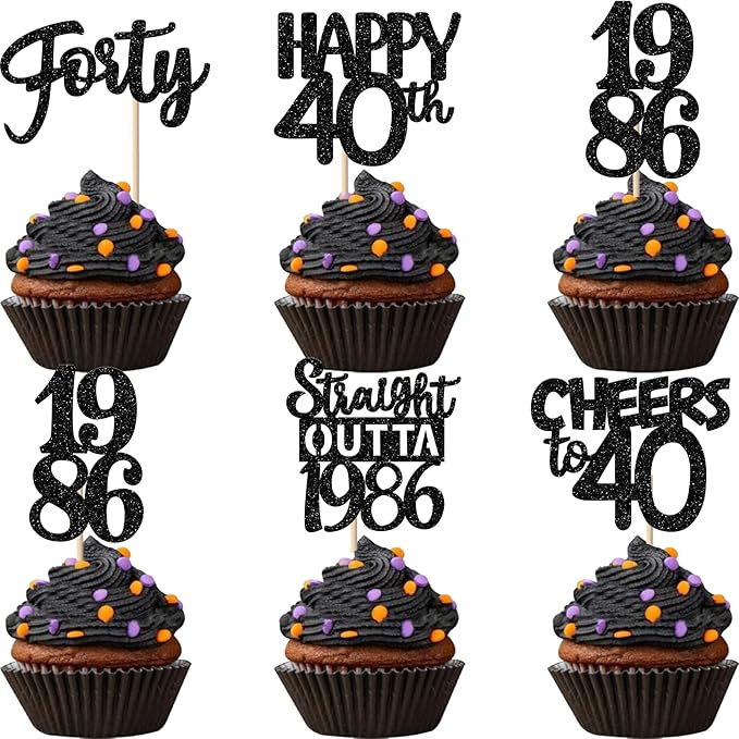30PCS Black 40th Birthday Cupcake Toppers Glitter Forty Happy 40th Straight Outta 1986 Cupcake Picks for Cheers to 40 Years 40th Birthday Wedding Anniversary Party Decorations Supplies