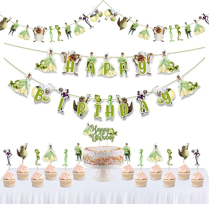 "The Princss and the Frog Theme Birthday Party Supplies – Cartoon Inspired Decorations for Girls – Happy Birthday Banner, Cake Topper, Garland, Cupcake Toppers – Magical Princss Theme Party Décor "