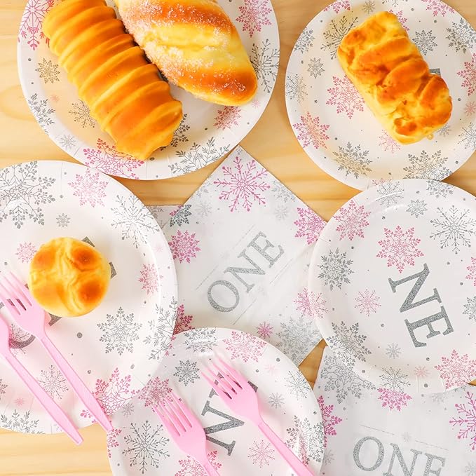 Winter Onederland 1st Birthday Themed Tableware - Snowflake One Plates, Napkins for Baby Girls First Birthday - Disposable Paper Party Decorations Supplies Favors for 24 Guests