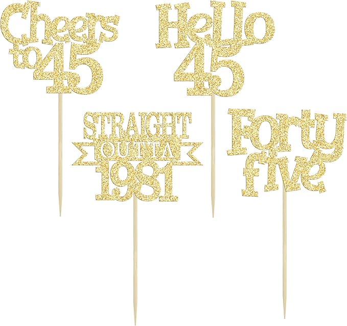 Ephlyn 24Pcs 45th Birthday Cupcake Toppers Glitter Straight Outta 1981 Cupcake Picks Hello 45 Cheers to 45 Years Cake Decorations for 45th Birthday Anniversary Party Decorations Supplies Gold