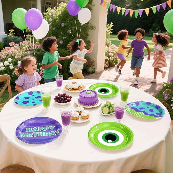 Grencian 60Pcs Monster Birthday Party Paper Plates -Monster Birthday Party Supplies 9" Disposable Green and Purple Cartoon Paper Plates for Monster Theme Par-ty Decorations