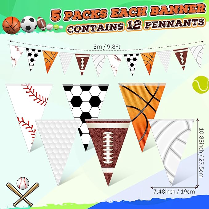 Faccito 5 Pack Sports Banners Party Decorations Sports Championship Pennants Hanging Decor Themed Triangle Flags Athletics Game Garland for Birthday Party Supplies (Colorful)
