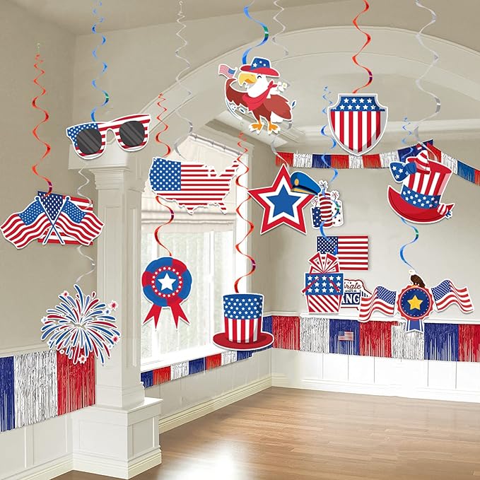 USA Party Decorations, Red Blue White Decorations with American Flag Banner, 12Pcs USA Hanging Swirls Decors, Pennant Bunting Banner, Foil Balloons for Welcome Home Patriotic Party Supplies
