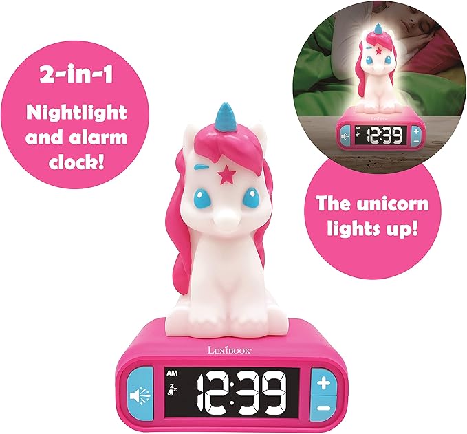 LEXiBOOK - Unicorn Digital Alarm Clock for Kids with Night Light, Snooze and Unicorn Sound Effects, Childrens Clock, Luminous Unicorn, Pink Colour - RL800UNI