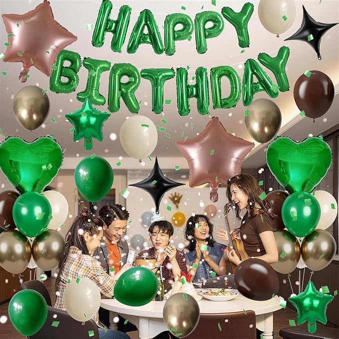 Green and Brown Birthday Decorations Dark Forest Green Safari Camo Army Brown Coffee Gold Sand Nude Balloons Happy Birthday Banner Heart Balloons 18/10 Inch Star Balloon for Boys Bday Party Supplies