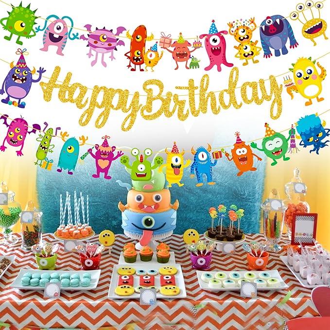 Monster Happy Birthday Banner Monster Bash Birthday Party Supplies Glitter Little Decorations for Kids Little Monster Theme Baby Shower Birthday Banner Supplies