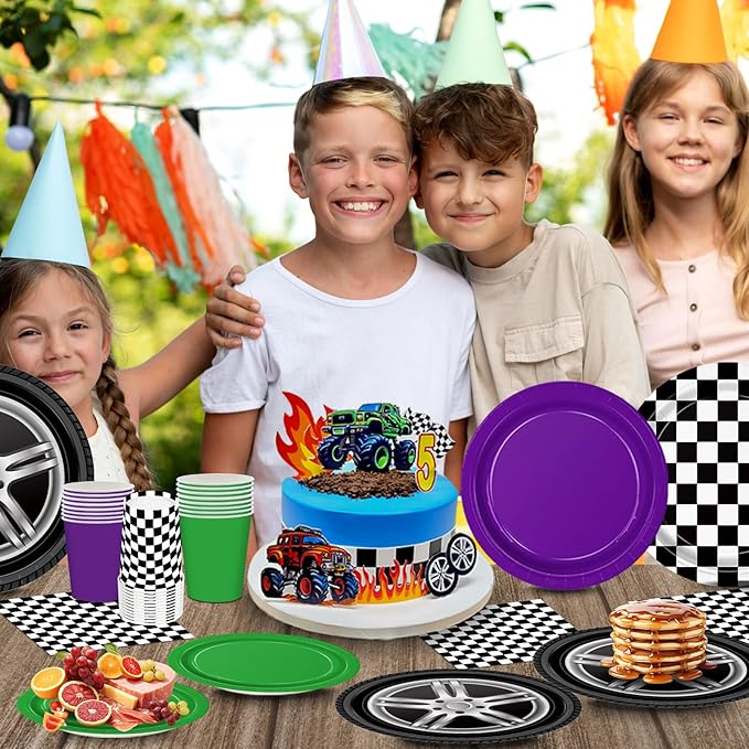 150pcs Monster Truck Paper Plates Napkins Monster Truck Birthday Party Decorations Paper Cups Disposable Tableware Set for Kids Party Supplies Serve 30 Guests