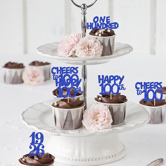 30 PCS 100th Birthday Cupcake Toppers Glitter One Hundred Happy 100 Straight Outta 1926 Cupcake Picks for Cheers to 100 Fabulous 100th Birthday Anniversary Party Cake Decorations Supplier Blue
