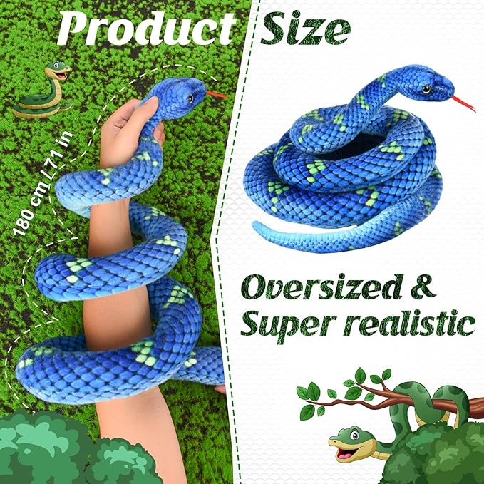 Snake Plush, Stuffed Snake Animal, 71 in Large Toy Snakes for Kids, Giant Stuffed Animals, Lifelike Plush Snakes for Birthday Present Party Prank Prop (Blue)