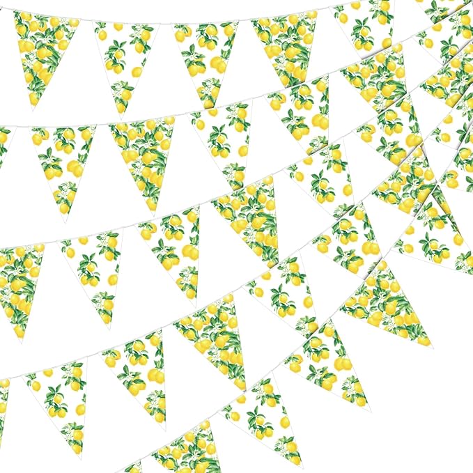 HESTYA 5 Pcs 49 Ft Lemon Party Decorations Yellow Floral Lemon Banner Pre-Assembled Summer Lemonade Triangle Flag Bunting Garland for Wedding Bridal Shower Birthday Baby Shower Party Supplies