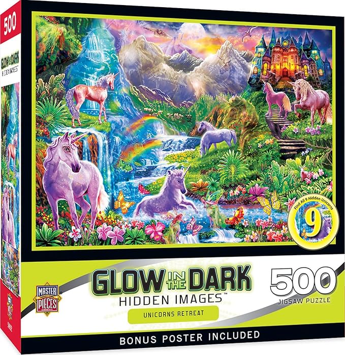 MasterPieces - 500 Piece Jigsaw Puzzle, Glows in the Dark, Hidden Images, Unicorns Retreat, Fun for Adults, Family, Kids, 15" x 21"