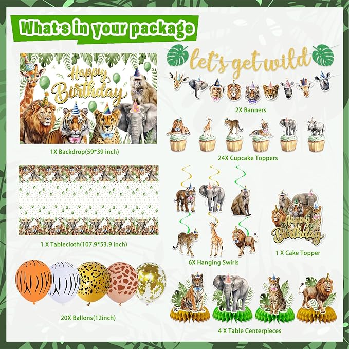 Safari Birthday Party Decorations, Jungle Wild Animals Birthday Party Supplies Decor with Backdrop, Banner, Balloons, Cake Toppers, Tablecloth, Centerpieces, Hanging Swirls