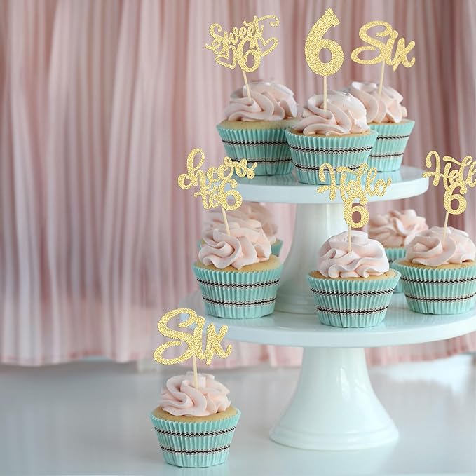 30Pcs 6th Birthday Cupcake Toppers Glitter Six Hello 6 Cupcake Picks Cheers to 6 Years Old Cake Decorations for 6th Birthday Party Supplies Gold