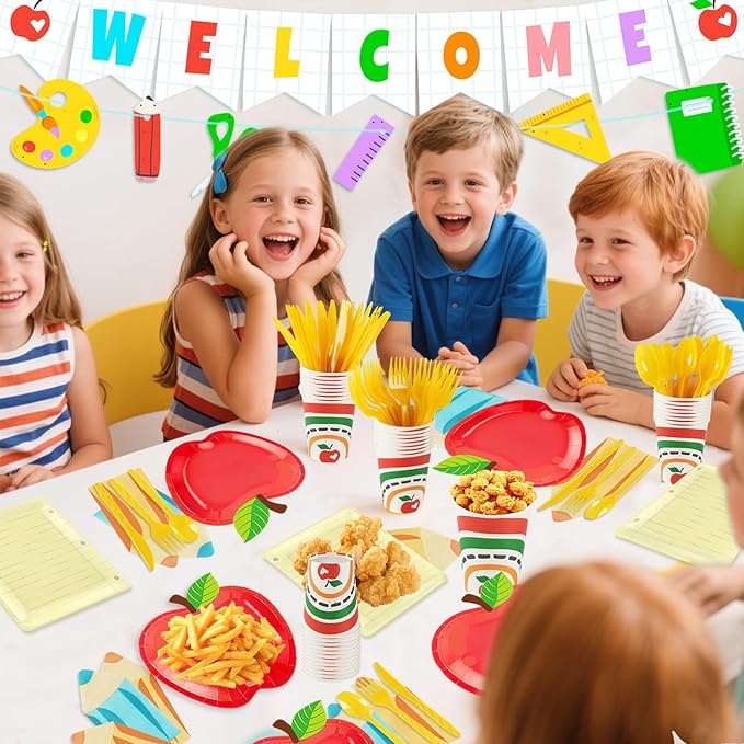 OuMuaMua 177Pcs Back to School Party Plates Napkins Cups with Welcome Banners Supplies First Day of School Disposable Tableware Set for Preschool Kindergarten Graduation Party Table Decor, Serves 25