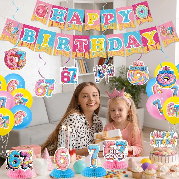 6 7 Birthday Decorations Funny 6 7 Happy Birthday Banner Six Seven Theme Party Supplies Blue Pink Birthday Party Decor for Kids Teens Adults Table centerpiece Decorations