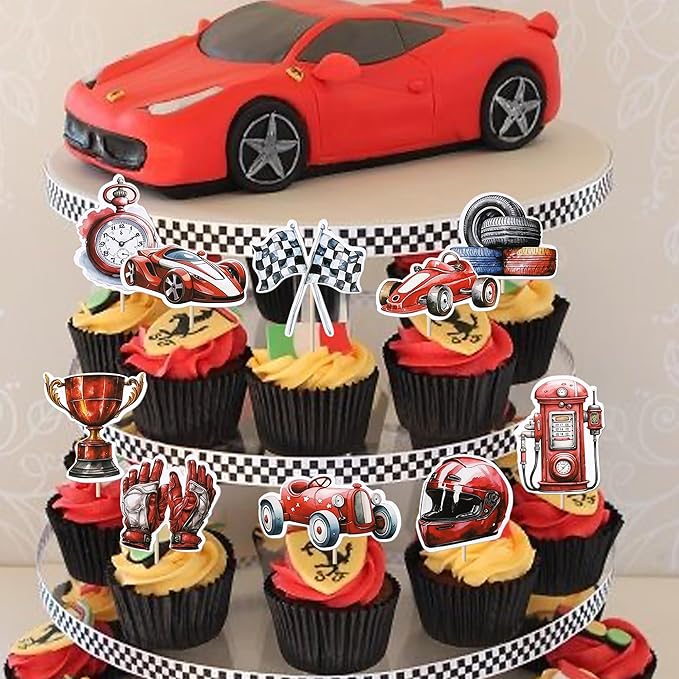 40 Pack Racing Car Cupcake Toppers Fighting Flag Cupcake Picks Race Helmet Gloves Cupcake Decorations for Racing Sport Theme Baby Shower Boys and Girls Birthday Party Supplies