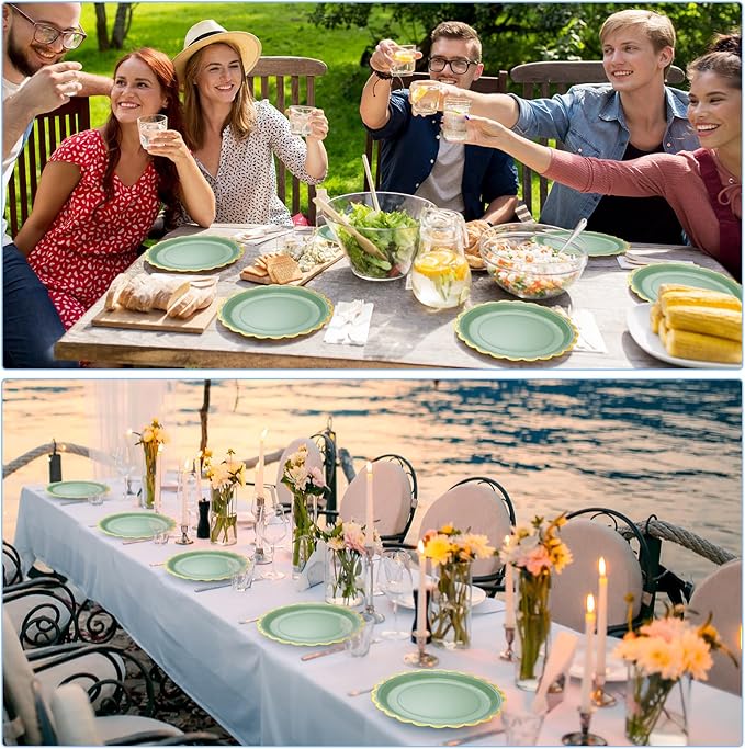 Maxcheck 50 Pcs Sage Green Scalloped Paper Plates with Gold Foil 9 Inches Disposable Party Plates Decorative for Cake Dessert Birthday Baby Shower Wedding Party Supplies