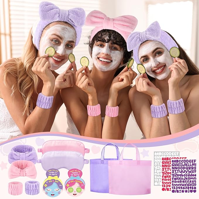 72 Pcs Girls Spa Sleepover Party Supplies With DIY Sticker And Greeting Card Pink Purple Headband Wristbands Eye Mask Hair Scrunchie Tote Bag Sleeping Slumber Party Favor